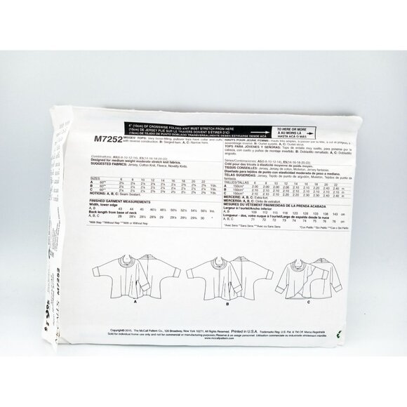 McCalls 7252 Sewing Pattern Loose Fitting Pullover Knit Top UNCUT Womans SZ 6-14 - Picture 2 of 2